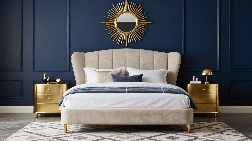  - Art deco bedroom with gold accents and sunburst mirror