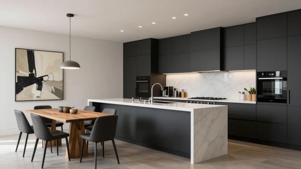  - Contemporary open-plan kitchen with waterfall island and modern fixtures