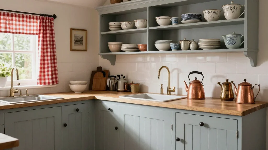  - English cottage kitchen with painted cabinets and gingham curtains