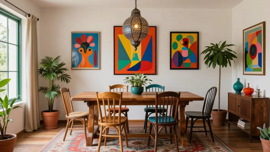  - Eclectic dining room with mismatched chairs and global accents