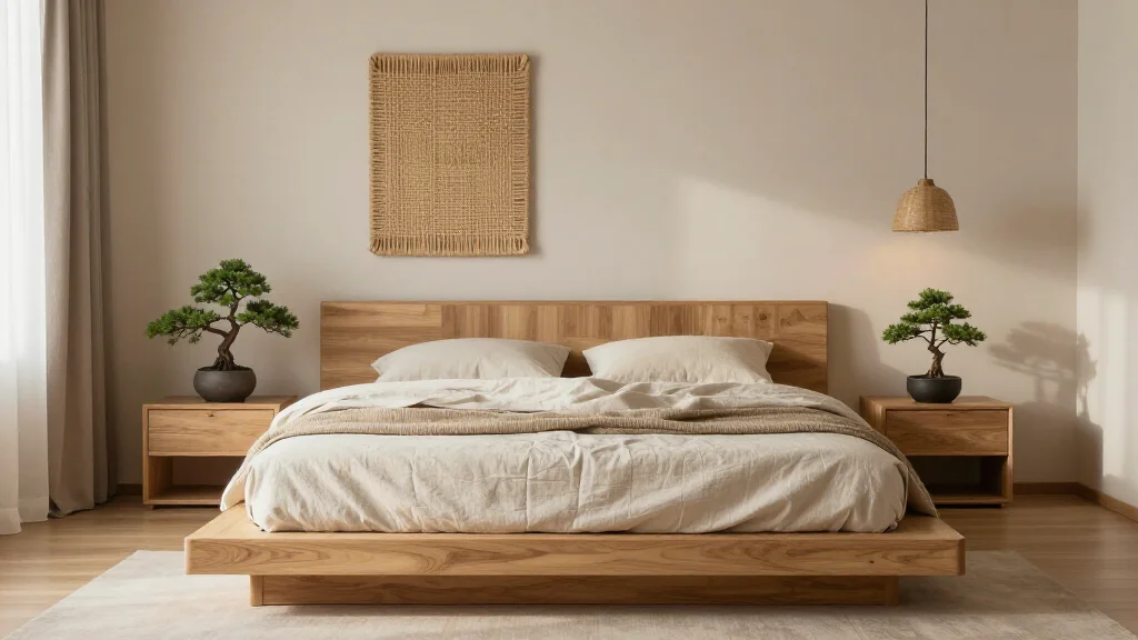  - Japandi bedroom with platform bed and natural materials