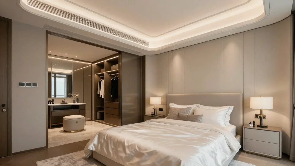  - Luxury master bedroom with upholstered wall panels and silk bedding