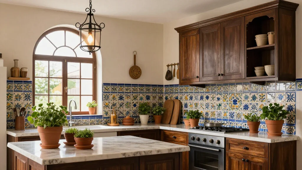 - Mediterranean kitchen with hand-painted tiles and arched window