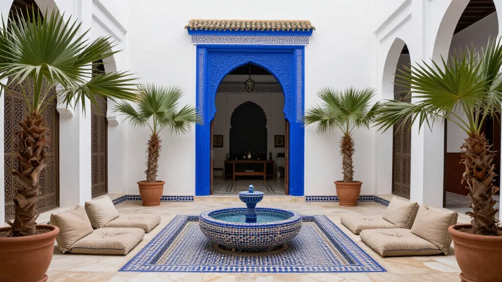  - Moroccan riad courtyard with mosaic fountain and floor cushions