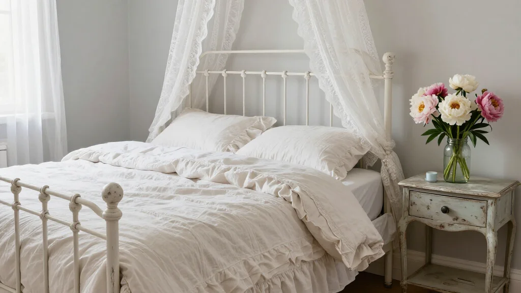  - Shabby chic bedroom with iron bed and ruffled linen bedding