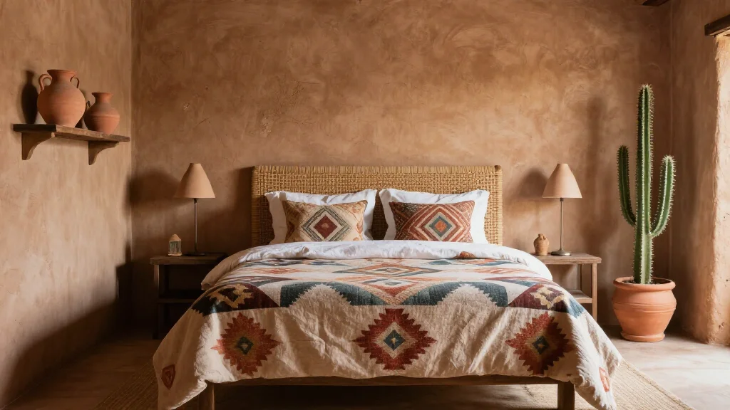  - Southwestern bedroom with woven headboard and desert-tone palette