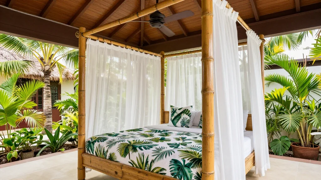  - Tropical bedroom with bamboo bed and botanical prints