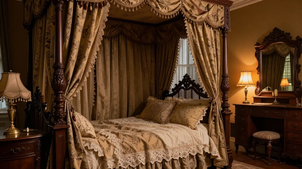  - Victorian bedroom with carved four-poster bed and antique vanity