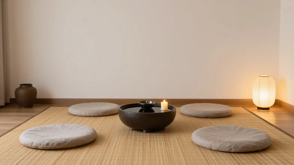  - Zen meditation room with floor cushions and water fountain